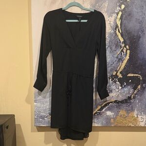 White House Black Market Black Long-Sleeve V-Neck Drawstring Waist Dress